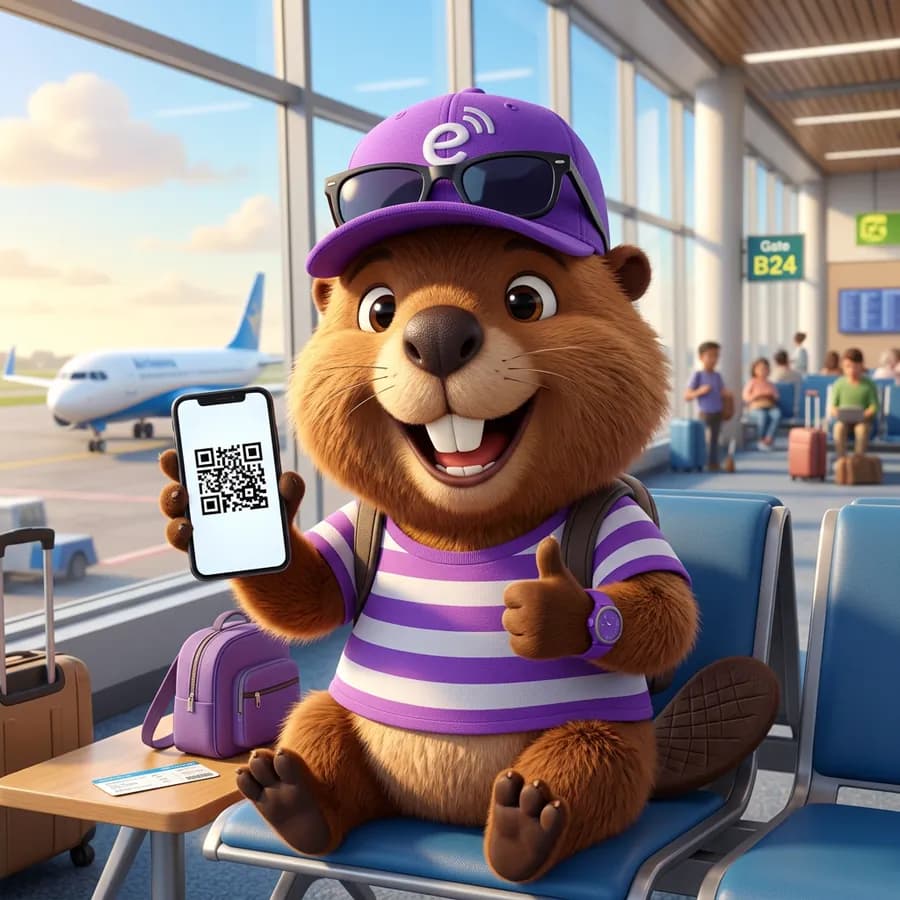 Бобер siEmanko показує QR-код eSIM на телефоні в аеропорту
